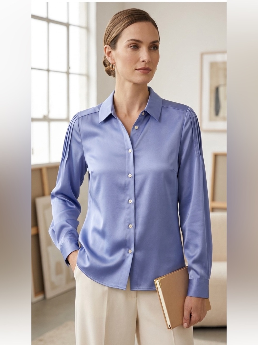 Foxcroft Womens Light Blue Satin Pleated Shoulder Button Down Blouse Size S‎